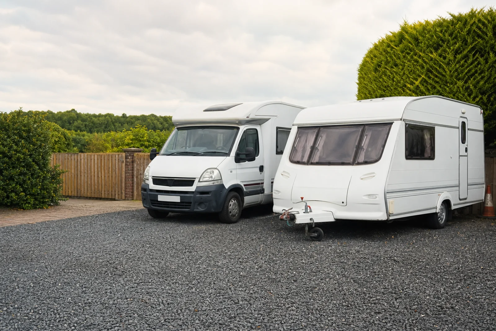 A pre-owned touring caravan and motorhome parked in a UK collection setting